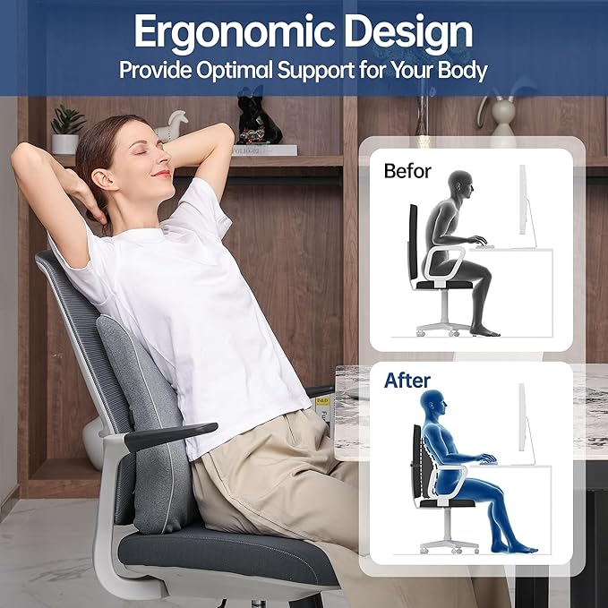 Lumbar Support Pillow for Office Chair, Back Support Pillow with Memory Foam, Relieves Back Pain, Removable Washable Cover & Adjustable Strap, for Car/Gaming Chair,Gift-Grey