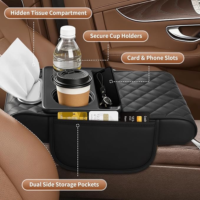 5-in-1 Car Armrest Cushion, Multifunctional PVC Leather Center Console Armrest Pillow Elbow, Universal Arm Box Pad Cover with Cup Holder, Phone Slot, Tissue Box Slot & 2 Storage Bags, Beige