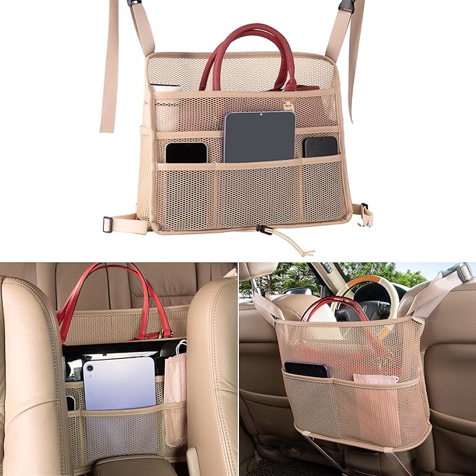eing Car Net Pocket Handbag Holder Between Seats Back Storage Organizer 3 - Layers Purse Holder for Console Front Seat Storage Barrier, Beige