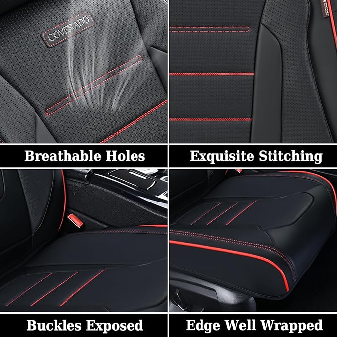 Coverado Seat Covers Full Set, Seat Covers for Cars, Car Seat Cover, Car Seat Protector, Nappa Leather Car Seat Cushion, Waterproof Car Seat Covers Front Seats and Back Fit for Most Cars (Redline)