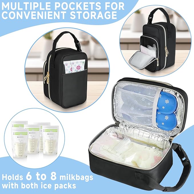 Breastmilk Cooler Travel bag with Ice Pack,Portable Breastmilk Cooler Bag with Buckle Handle,Insulated Breastmilk Storage Bag Cooler,Black