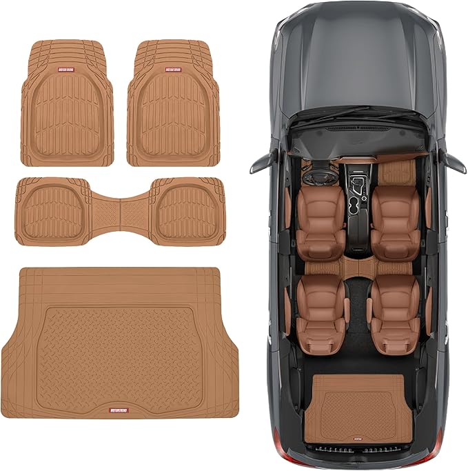 Motor Trend FlexTough 4-Piece Heavy Duty Floor Mats for Cars Trucks SUVs, Automotive Floor Mats Car Mats Full Set Front, Rear & Cargo, Trim-To-Fit Semi-Custom Deep Dish All Weather Rubber Mats - Beige