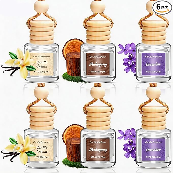 Car Air Freshener 6 Pack, Vanilla Cream,Mahogany & Lavender 3 Natural Scent, Long Lasting Essential Oil Fragrance Diffuser, Hanging Air Freshener Cute Car Accessories Interior for women