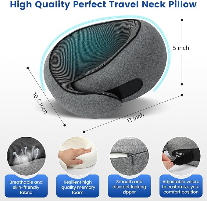 Travel Pillow Memory Foam Neck Pillow for Airplanes Long Flight Comfort 360° Support Airplane Pillow Design for Car Rides, and Home Use Travel Essentials, with Eye Mask, Earplugs and Storage Bag Large