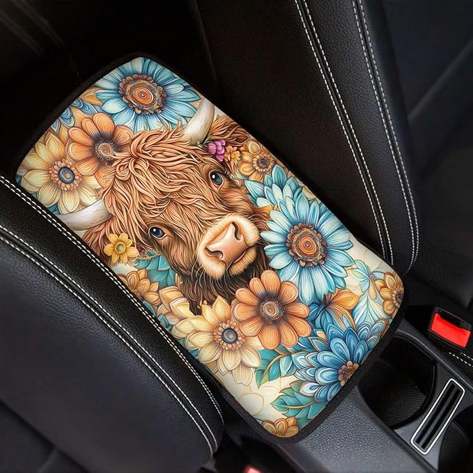 Suobstales Boho Mandala Highland Cattle Print Car Armrest Pad Soft Center Console Arm Rest Protector Cover Universal Car Interior Accessories Decoration