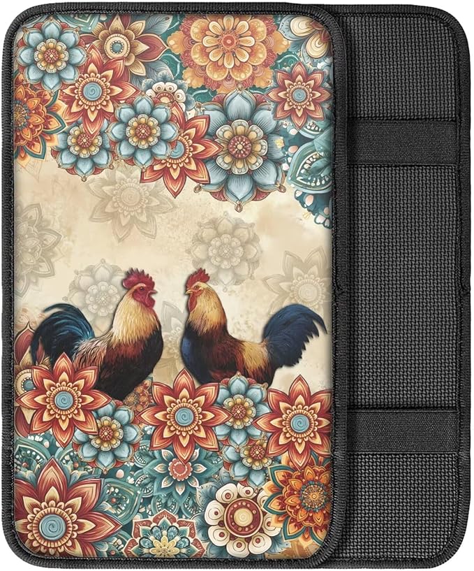 Suobstales Boho Mandala Rooster Chicken Print Car Armrest Pad Soft Center Console Arm Rest Protector Cover Universal Car Interior Accessories Decoration