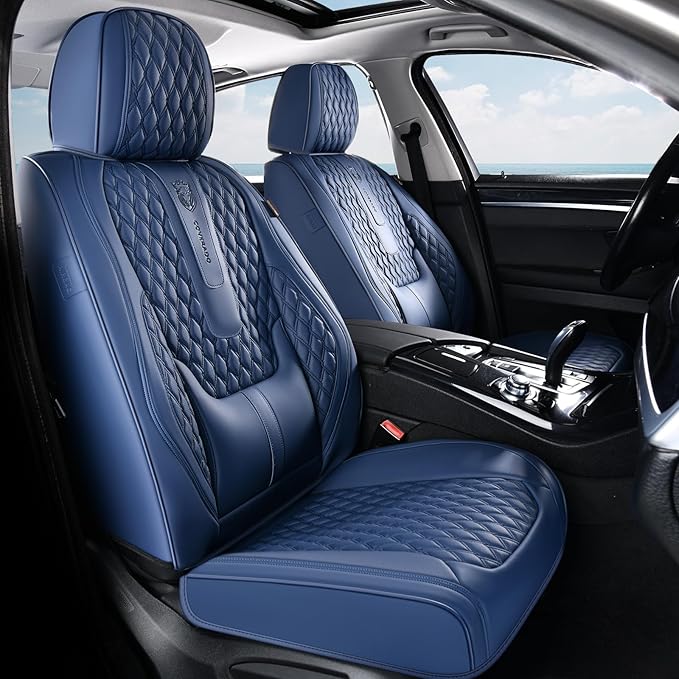 Coverado Front Seat Covers, Car Seat Covers Front Seats, Nappa Leather Seat Covers for Cars, Waterproof Seat Covers with Lumbar Support Universal Fit for Most Cars SUV Trucks (Front, Blue)