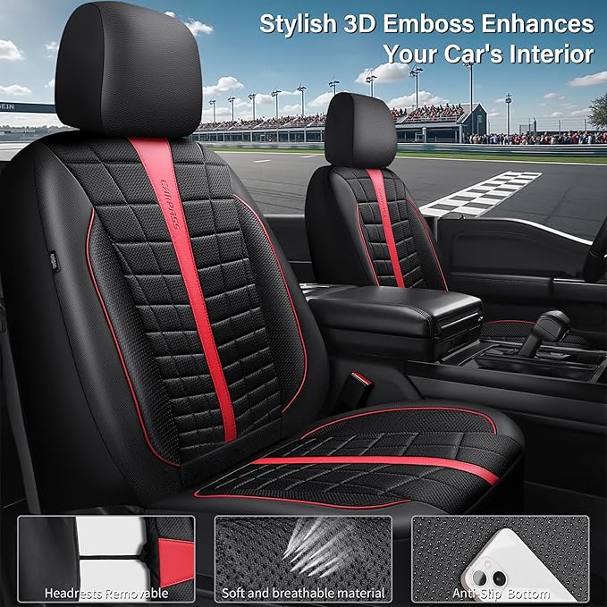 CAR PASS Leather Air Mesh Seat Covers for Cars, 3D Foam Leather Car Seat Cover Front Seats, Breathable Premium Mesh Leather Front Seat Covers, Universal Fit for Cars,Trucks,Sedan,SUV, Black Red