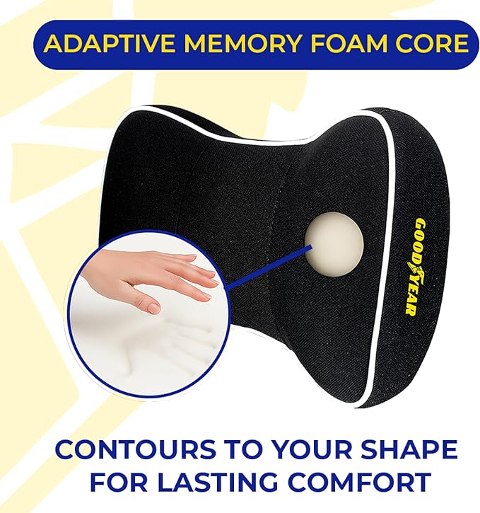 Goodyear Car Neck Pillow, Soft Memory Foam Headrest Pillow for Driving, Ergonomic Car Seat Headrest Cushion with Adjustable Strap, Breathable & Removable Cover, Neck Pain Relief, Black