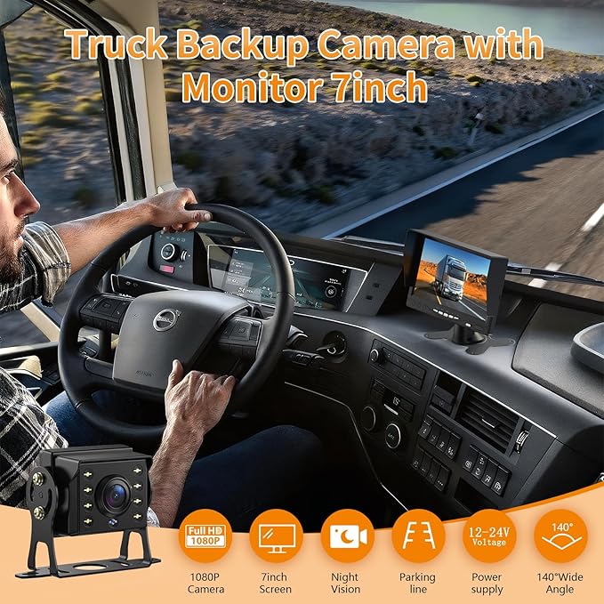 7" 1080P Wired Truck Backup Camera System, IP68 Waterproof Rear View Camera with Wide Angle View, Night Vision Reverse Camera for RV Trailer 12V-24V