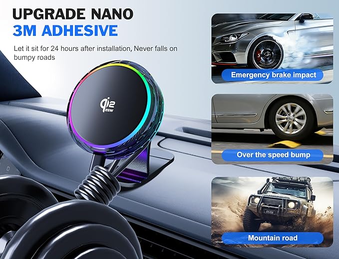 25W MagSafe Compatible Car Mount Charger with Air-Cooled, 3500gf Magnetic Phone Holder for iPhone and Android, Dash Air Vent with Rainbow Ambient Light Valentines Day Gifts