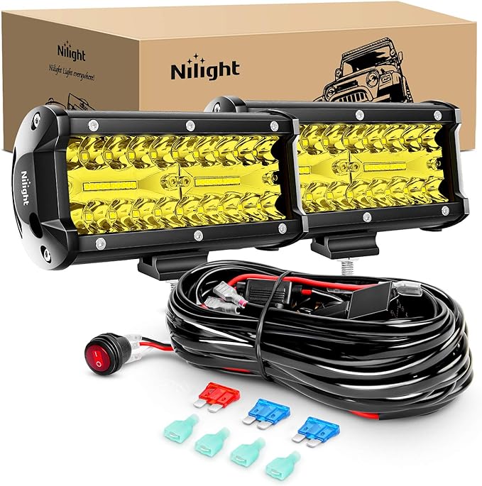 Nilight Led Light Bar 2PCS 6.5 Inch Amber 120W Spot Flood Combo 12000LM Waterproof Triple Rows Off Road Fog Lights with 16AWG Wiring Harness Kit-2 Lead, 2 Year Warranty