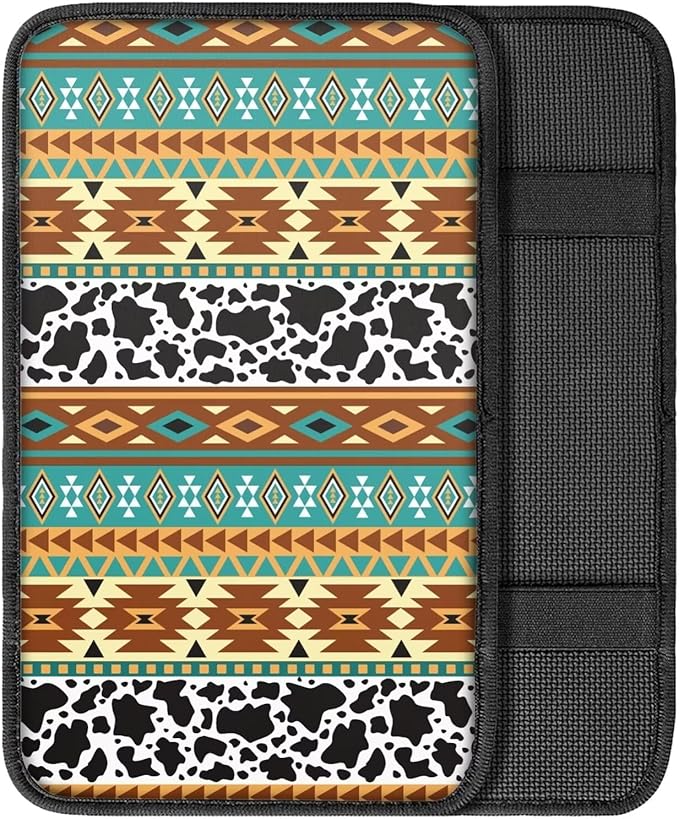 Dreaweet Aztec Cow Print Car Center Console Cushion Pad,Soft Car Armrest Seat Box Cover Protector Universal Fit for Most Cars SUV Trucks
