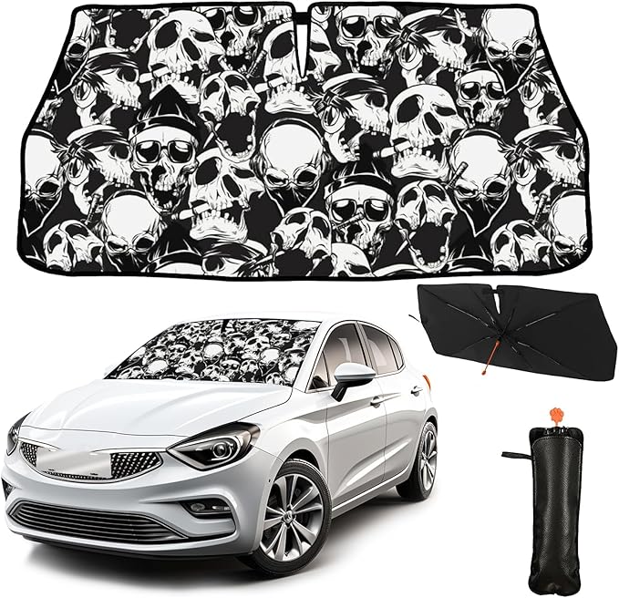 CHILL·TEK Funny Animal Car Windshield Sun Shade Umbrella, Funny Skulls Car Sun Shade Umbrella, Block UV Rays Heat Foldable Windshield Umbrella Sun Visor Protector - Keep Vehicle Cool for Cars SUV