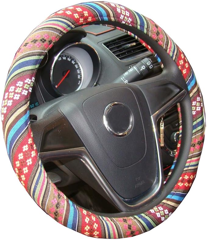 Large Ethnic Style Coarse Flax Cloth Automotive Steering Wheel Cover Anti Slip and Sweat Absorption Auto Car Wrap Cover (15.25''-16'', D)