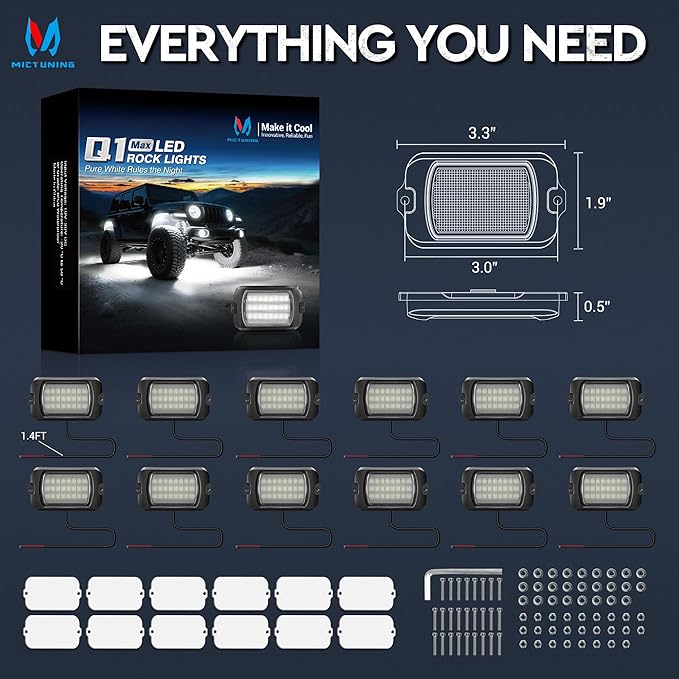 MICTUNING Q1 Max White Rock Lights, 12 Pods Super Bright Pure Underglow Light Kit, IP68 Waterproof for Truck Car ATV UTV Golf Cart (2 Year Warranty)