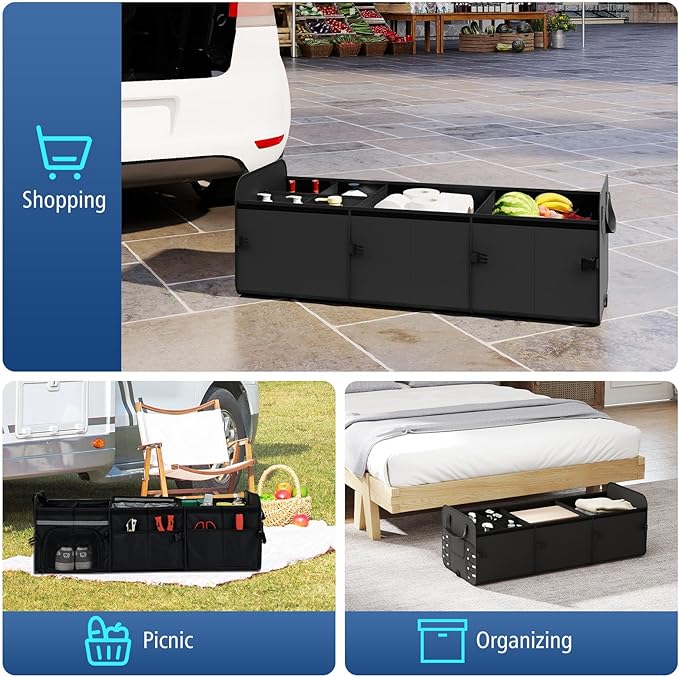 Goplus Collapsible Trunk Organizer with Cooler, 18 Gallon (68L) Foldable Car Storage Organizer with 6 Extenable Compartments, Removable Lid, Securing Straps, for SUV Van Sedan, 35.5" x 14" x 12"