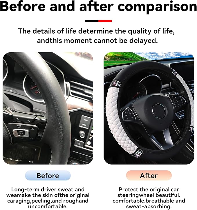 Bling Car Steering Wheel Cover, 15 Inch Rhinestones Soft Leather Elastic Steering Wheel Protector, Sparkly Crystal Diamond for Women Girls, Car Interior Accessories for Most Cars (White)
