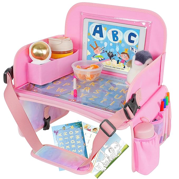 MENZOKE Kids Travel Tray, Car Seat Table Tray, Road Trip Essentials with Educational Drawing Board, Tablet Holder & Cooler Cup Holder, Travel Table for Kids Gifts in Car, Airplane, Multicoloured