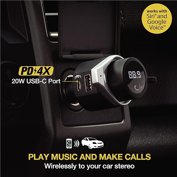 Scosche BTFMPD3SR FM Bluetooth Radio Transmitter for Car, Hands-Free Kit with Dual USB Charging Ports, 12W USB-A + 20W Fast Type-C Car Charger, Wireless Adapter for Calls, Siri and Google Assistant