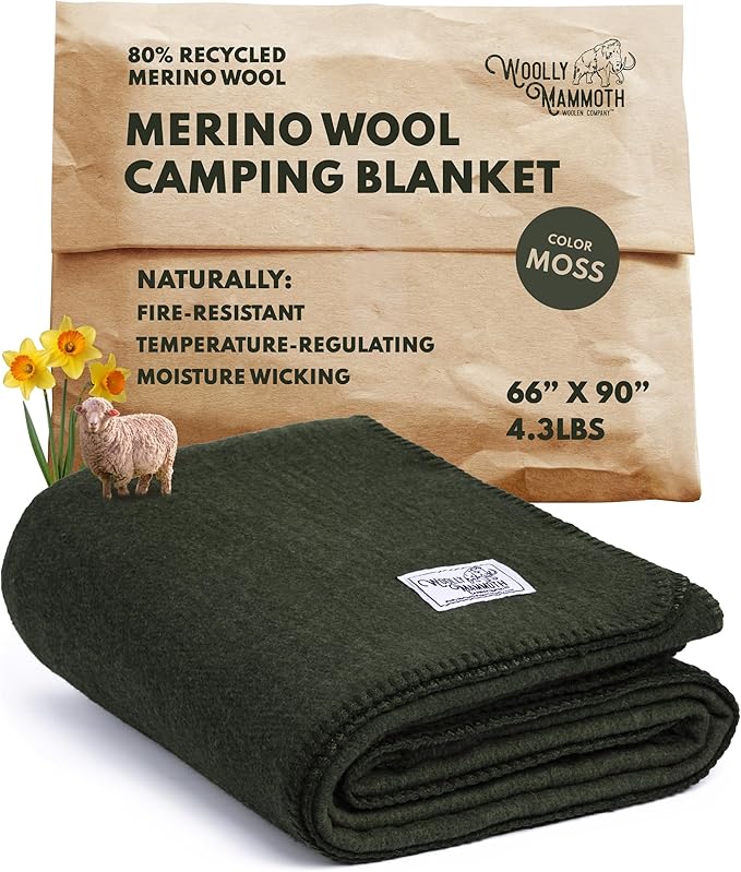 Woolly Mammoth Woolen Company Merino Wool Blanket - 80% Merino Wool - Camping Blankets for Cold Weather - Mositure-Wicking for Overlanding, Hunting, Emergency Kits, Bushcraft (66" x 90" Moss)