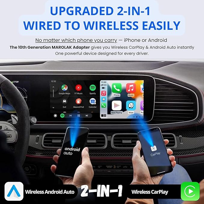 2-in-1 Wireless CarPlay & Android Auto Adapter (2026 Upgraded WiFi 6-BT 5.4) Wired to Wireless Converter | Multi-User Seamless Connection | Easy Setup-Plug & Play | Auto Reconnect | Cars from 2015+