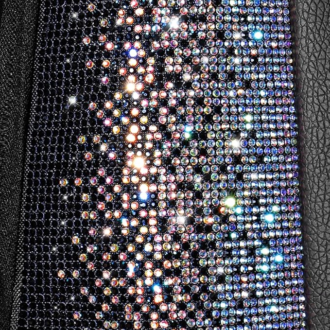 CAR PASS Bling Diamond Leather Car Seat Covers Full Seats Interior Sets, Waterproof Shining Glitter Sparkly Crystal Universal Armrest Automotive Truck SUV Cute Women Girl, Black Multicolor Rhinestone