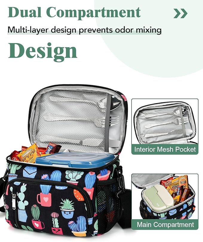 Insulated Lunch Bag for Men & Women, 9L Leakproof Lunch Box Soft Cooler Tote with 5 Pockets, 600D Oxford, EVA Lining, Adjustable Strap for Work, Picnic, Beach&Travel-Corduroy Cactus