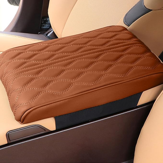 Car Center Console Cover, Leather Waterproof Vehicle Armrest Box Pad, Memory Cotton Comfortable Automotive Interior Seat Box Cushion Protector Accessories, Universal for Most Cars (Brown)