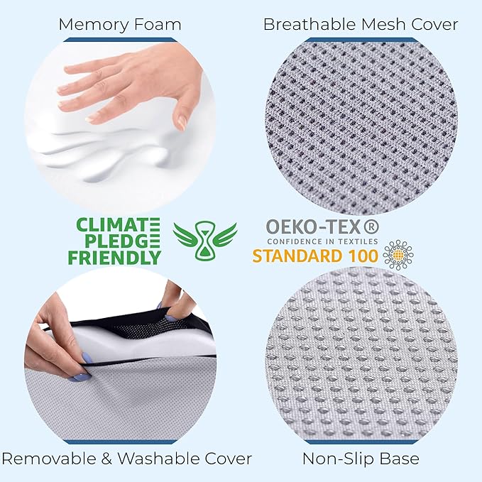 5 STARS UNITED Seat Cushion - Memory Foam Chair Cushion for Tailbone Pain Relief - Ergonomic Support for Coccyx, Sciatica & Butt - Office, Desk & Gaming Chair, Car Seat, Wheelchair, Airplane, L Gray