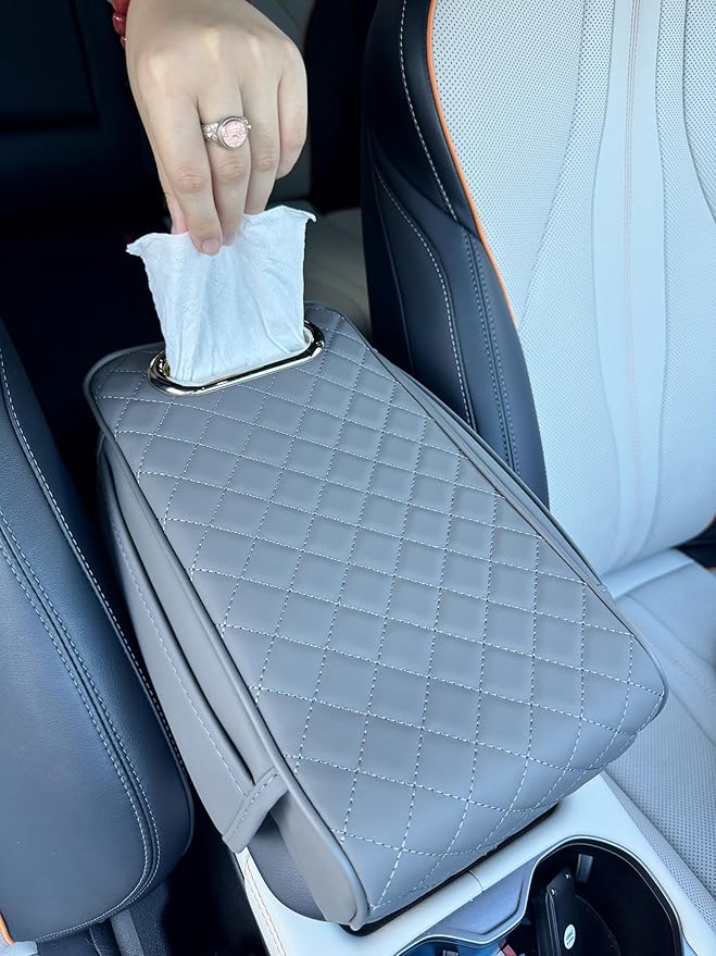 Upgraded Multi-Functional Car Center Console Cover, PU Leather Armrest Pad Cushion with Memory Foam Cushion, 2 Storage Pockets, Tissue Box Hole for Sedan Vehicles, 7 Colors (Grey)
