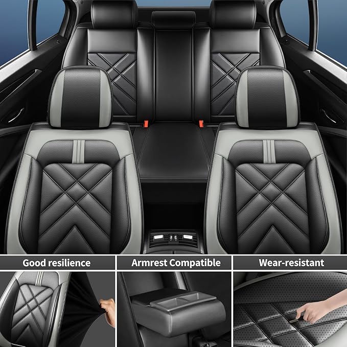 Car Seat Covers Fit for Mazda 3 2007-2026, Premium Leather, Full Coverage Leather Waterproof Breathable Seat Covers, Automotive Seat Protectors, Airbag Compatible(Full Set Seats, Black Gray)