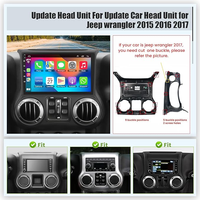 Android 15 4GB+64GB Car Radio for Jeep Wrangler 2015 2016 2017,10.2 inch QLED Touchscreen - Wireless Carplay & Android Auto,GPS Navigation & Bluetooth