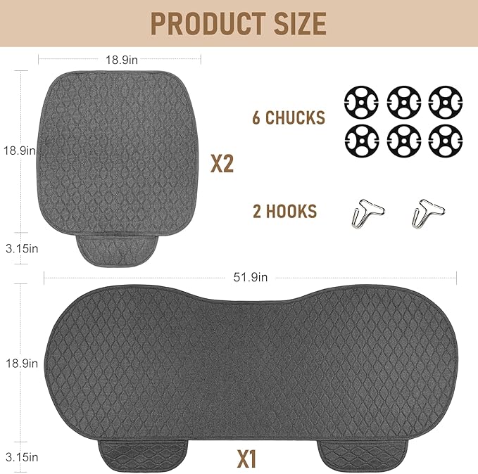 Linen Car Seat Covers, Back Seat Cover for Cars Include 1 Pair Front Car Seat Cover Protectors and 1 Rear Bench Cover with Breathable Linen and Non-Slip Universal Fits SUVs,Cars,Sedans (Deep Grey)