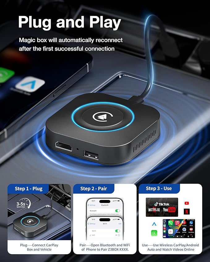 Magic Box Wireless CarPlay Adapter, 2026 AI Box Android Auto Supports Strea-ming Video for TikTok/YouTube, USB for Offline Media, Screen Mirroring Car Adapter for Factory Wired Car Play