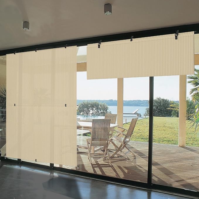 Bynbbur 7'W x 7'H Outdoor Patio Shades Foldable Roller Blinds, 220 GSM Sun Shade Roll Up Porch Screens Exterior Shade Cloth for Deck Pergola Backyard, Beige
