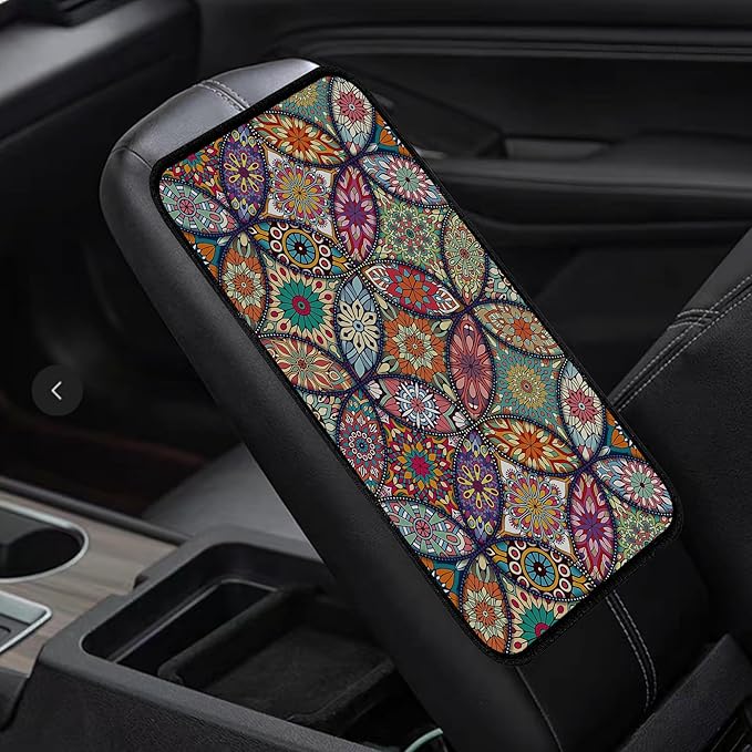 Geometric Mandala Universal Armrest Cover Pad, Car Center Console Cushion Pad, Protect from Pet Claws, Dirt, and Sticky Fingers, Comfortable Car Decor Accessories Fit for Most Cars, Vehicles, SUVs