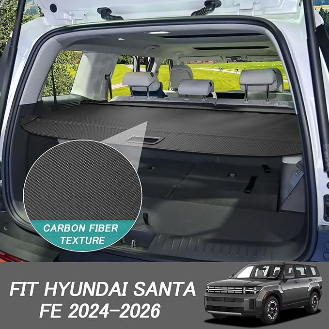 Cargo Cover for Hyundai Santa Fe 2024 2025 2026 Accessories Retractable Trunk Cover Security Shielding Shade Cargo Luggage Cover Trunk Privacy Protection (Carbon Fiber Texture)