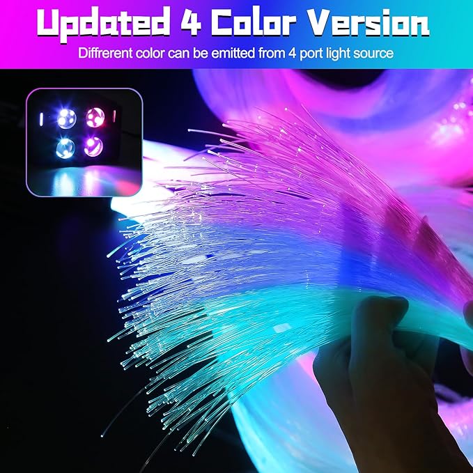 Car Starlight Headliner Kit, 4 Colors 32W Twinkle & Meteor Fiber Optic Ceiling Lights, 2 in 1 Light Engine 600pcs*0.03in*13.1ft+240 RGBW Shooting Stars Headliner Lights for Car Roof Décor