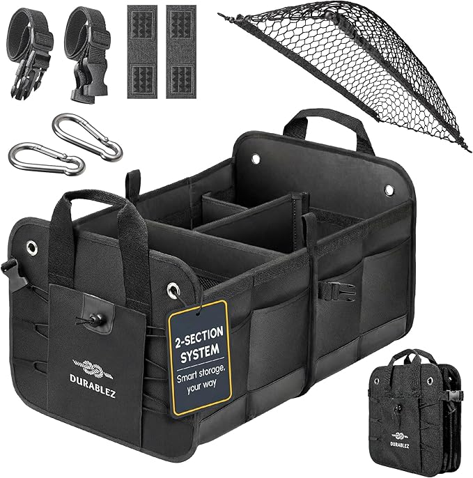 2-Section Trunk Organizer Foldable Car Storage Bin – Compact Dual-Compartment Auto Organizer with Cover Net, Non-Slip Pads, Heavy Duty Oxford 1680D – Black