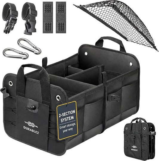 2-Section Trunk Organizer Foldable Car Storage Bin – Compact Dual-Compartment Auto Organizer with Cover Net, Non-Slip Pads, Heavy Duty Oxford 1680D – Black