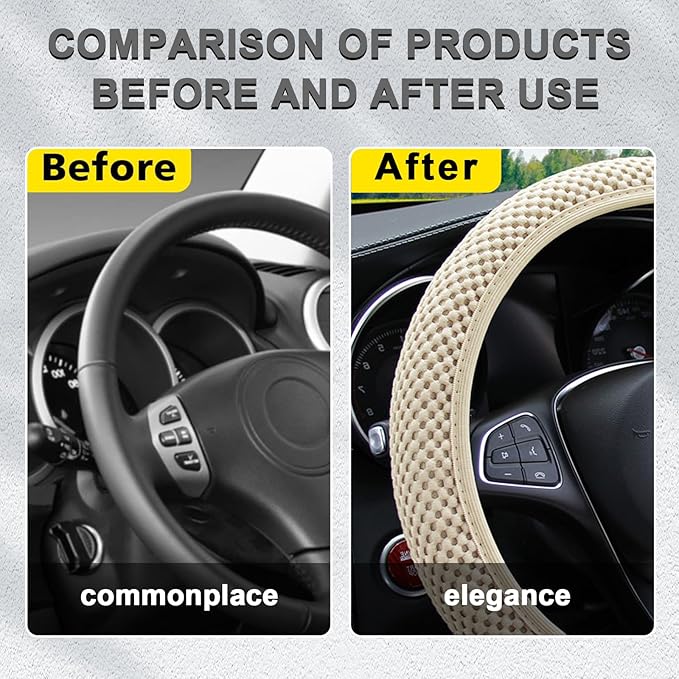 Kewucn Car Elastic Stretch Steering Wheel Cover, Soft Microfiber Breathable Ice Silk, Universal 15 Inch Anti-Slip Auto Steering Wheel Protector, Fit Car, SUV, Van, Sedan, Truck (Beige)
