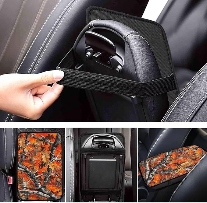 Dreaweet Orange Branch Camo Car Accessories Center Console Cover Soft Anti-Scratch Arm Rest Cover for SUV Sedan Vehicle Universal Armrest Cover Center Console Cushion Pad