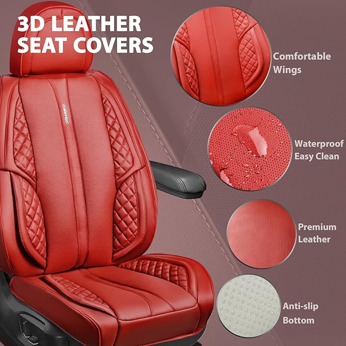 CAR PASS Nappa PU Leather Car Seat Covers Full Set Waterproof Protector Durable Cushioned,Universal Fit for Sedan SUV Pick-up Truck,Anti-Slip Luxury Premium Deluxe(Red)