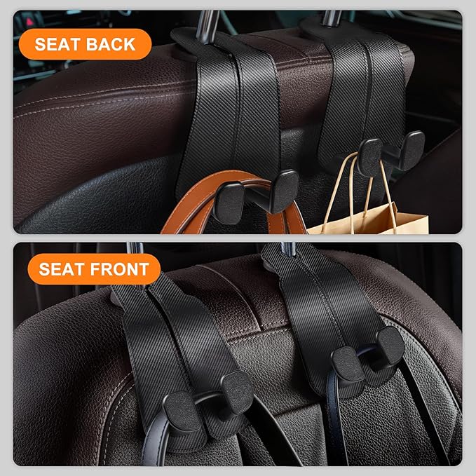 CoBak Extra Wide Car Seat Back Hooks, Premium Stitched Leather Headrest Hangers with Wide Slot Structure, Universal for Any-Width Purses, Handbags, Bags (2 Pack), Carbon Fiber Black