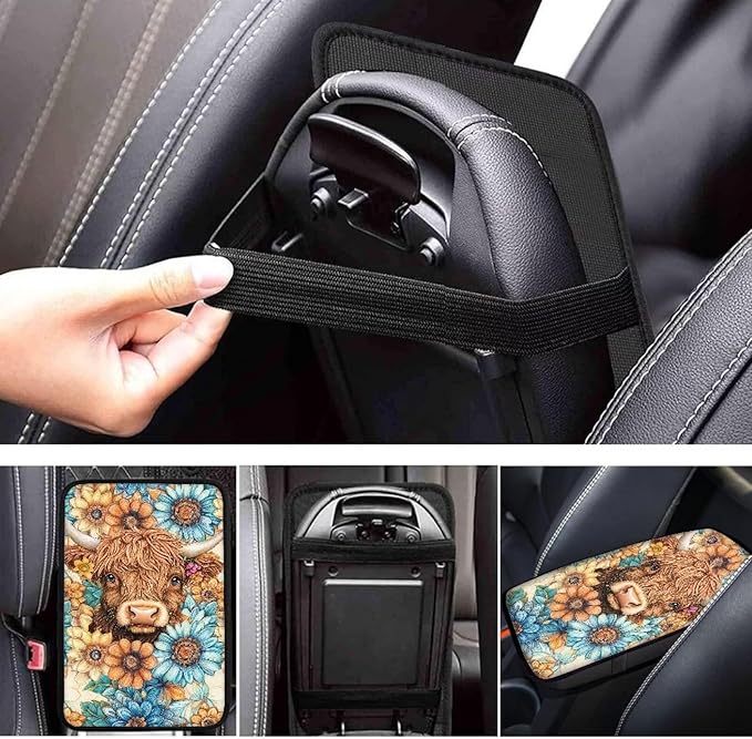 Suobstales Boho Mandala Highland Cattle Print Car Armrest Pad Soft Center Console Arm Rest Protector Cover Universal Car Interior Accessories Decoration