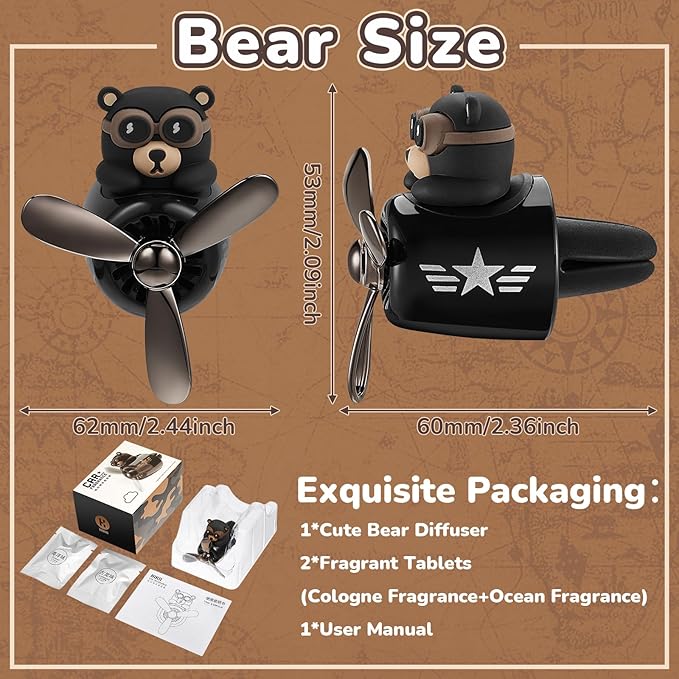 Tallew Car Air Freshener Cute Bear Car Vent Clip Diffuser with Rotating Propeller Outlet Vent 2.5" x 2.4" x 2.1" Easy to Install Included 2 Scents Aroma Tablets Aromatherapy Ornament Auto Accessories