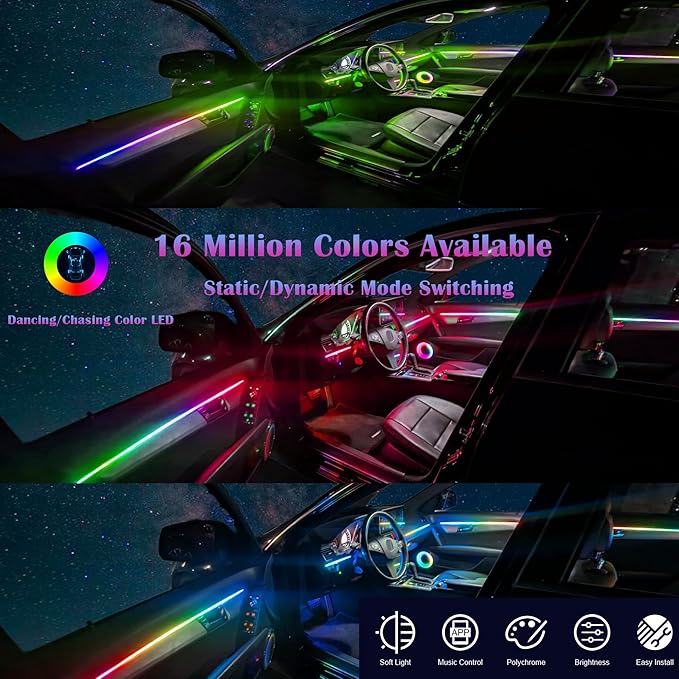 Dreamcolor Acrylic Interior Car LED Strip Light, RGB 18 in 1 Fiber Optic Ambient Lighting Kits, 16 Million Colors Sound Active Function Car Neon Lights with Wireless APP