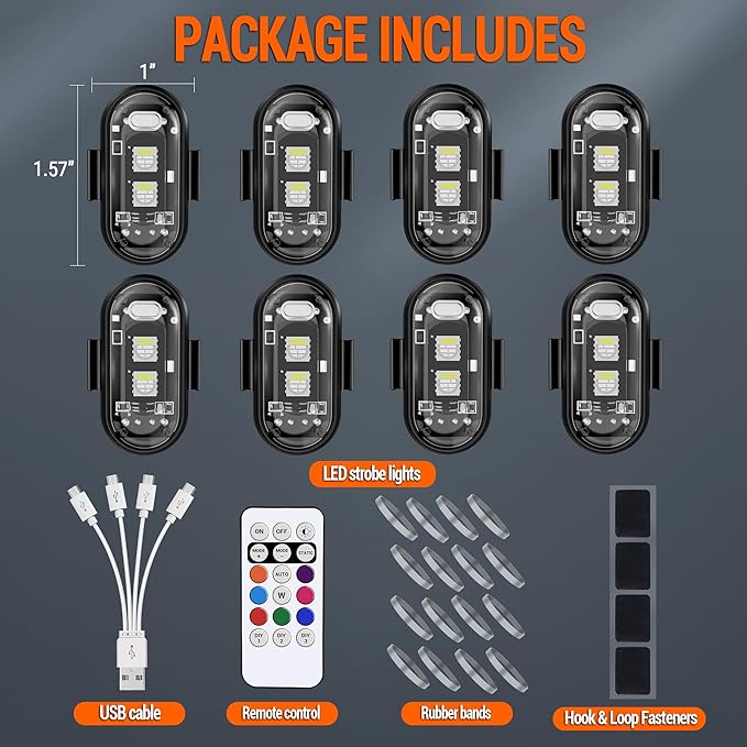 Wireless LED Strobe Lights with Remote Control, 8 Colors USB Charing Waterproof Anti-Collision Flashing Emergency Warning Lights for Car Motorcycle Drone Aircraft Bike 8PCS