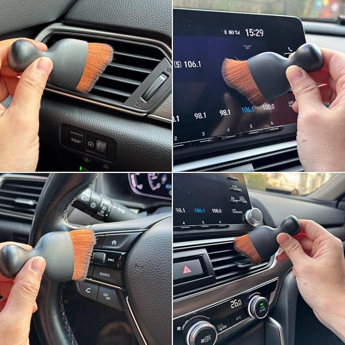 Car Detailing Brush, Soft Bristle Cleaning Brush, Scratch-Free Auto Duster Tool for Dashboard, Air Vents, Leather & Interior Cleaning (Black&Dark Brown)
